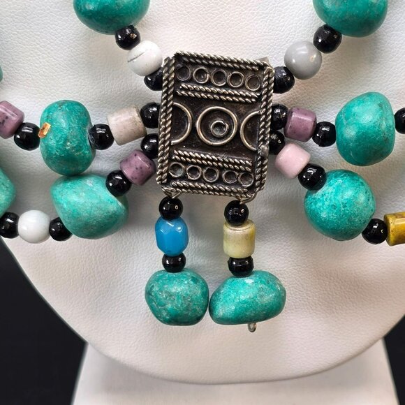 Handcrafted Multicolor Beaded Necklace With Pewter Pendant Accent HS198 - Picture 3 of 8